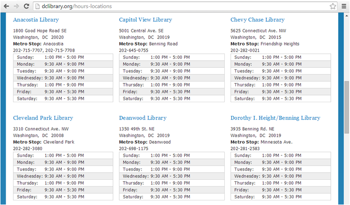 DC Public Library Hours and Locations page