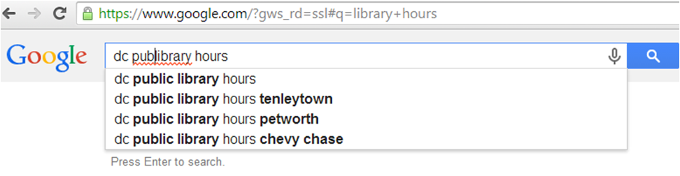 Edit the Google Search Results to Search for 'dc public library hours' and press the Enter key on your keyboard