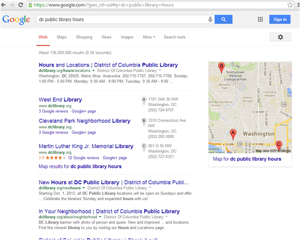 Google Search Results: Searching for 'dc public library' provided better results' and press the Enter key on your keyboard