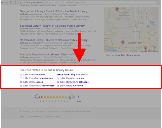 Google's Related Searches for 'dc public library hours'