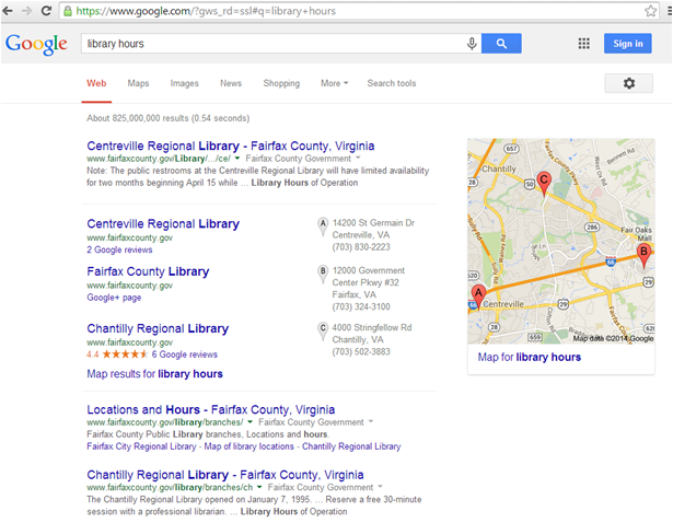 The search results page now appears for library hours