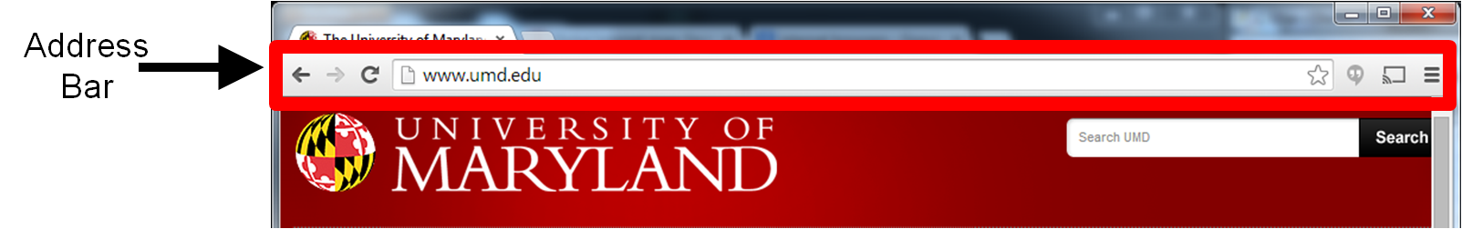 The Google Chrome Address Bar Showing the University of Maryland's Main Website's URL
